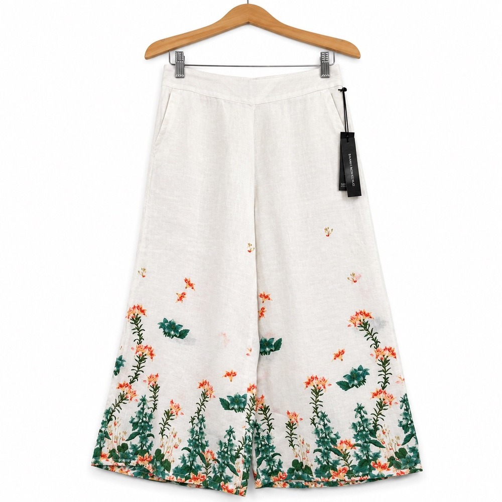 Sarah Pacini White Linen Floral Print Wide Leg Trousers Pants NWT